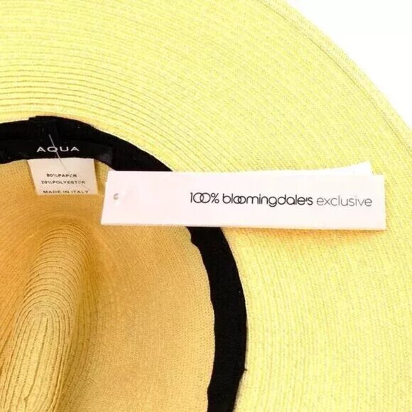 Aqua Bloomingdale's Straw Sun Hat Made in Italy Beige Black Wide Grosgrain Band - Picture 3 of 5